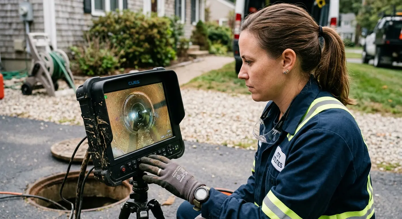 Technician reviewing sewer camera inspection footage in Findlay