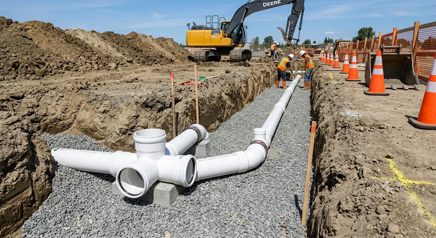 New PVC sewer pipe installation in open trench for Sewer Backup in Findlay