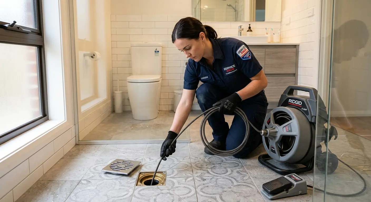 Technician clearing a bathroom floor drain for Clogged Drain Repair in Findlay